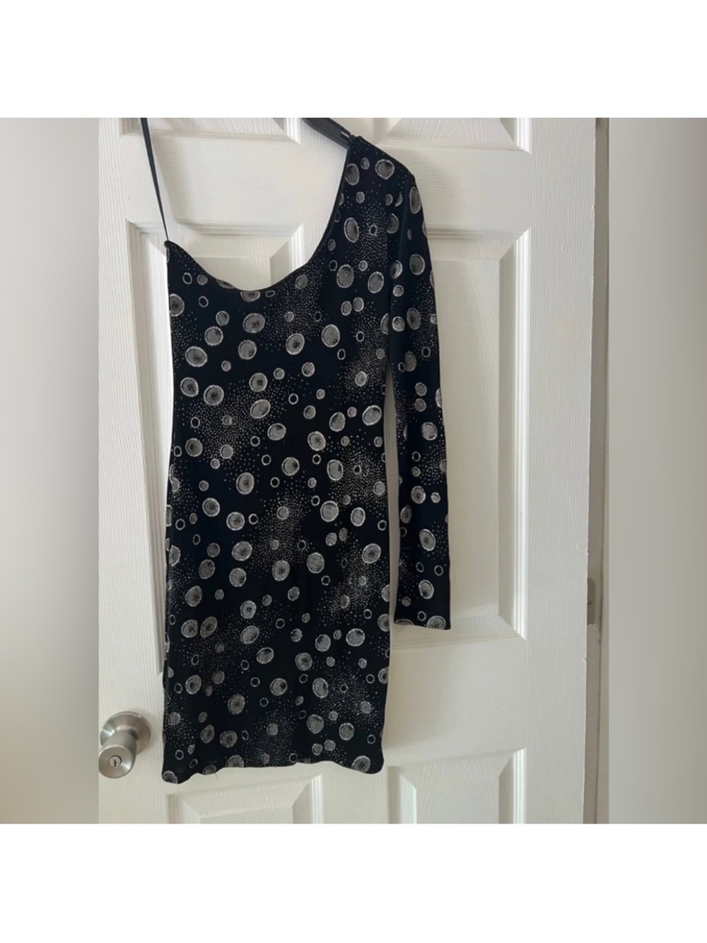 Black one shoulder Bodycon all-over silver celestial Moon & Star mini Dress